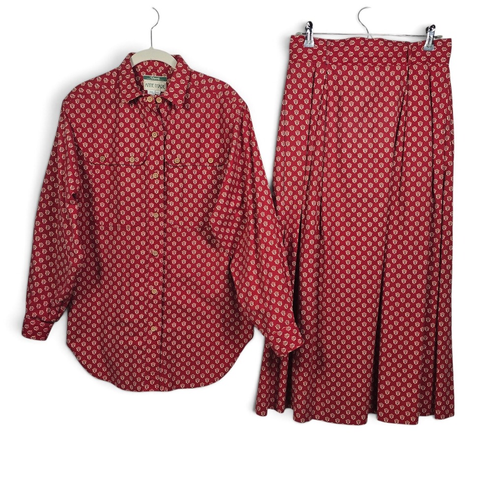 Anne Marie Skirt Set Women 12/14 Les Olivades Cotton Red Floral Vintage USA made